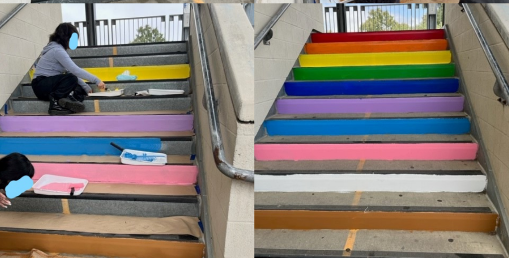 Middle school students painting the Progress Pride Flag on a staircase at their school!